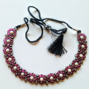 Cranberry Ruby Paste & Pearl Indian Necklace